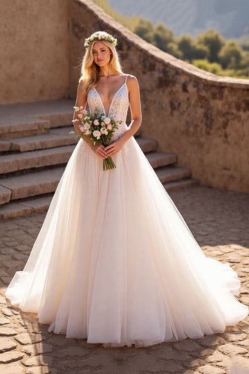 A Line Ivory Long Wedding Dress with Appliques